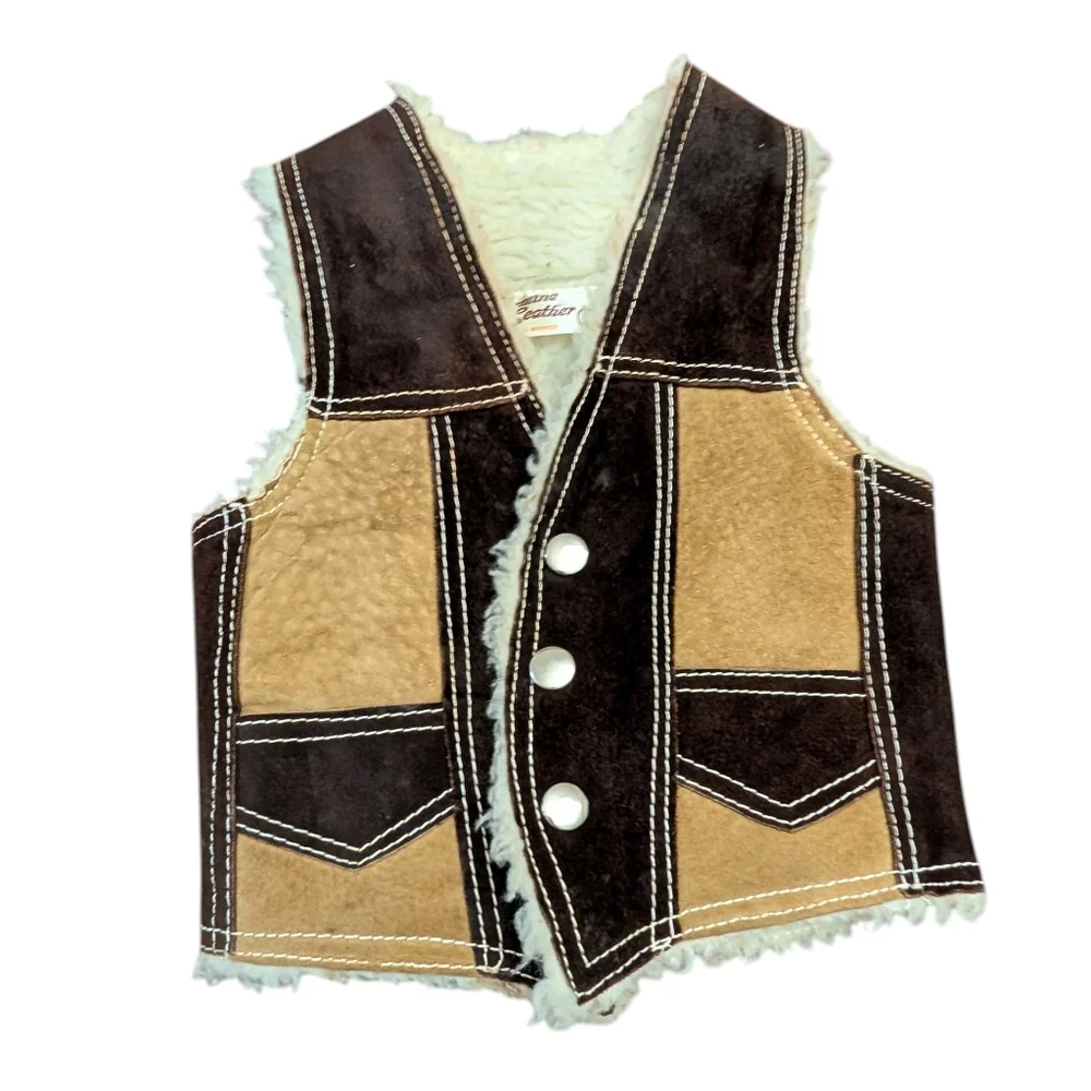 Vintage Kids Leather Patchwork Contrast Sheerling Brown and Tan‎ Western Vest
